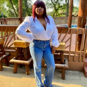 Damani Lux- Body suit- White- Srunched sleeves- Back out- Tie in back